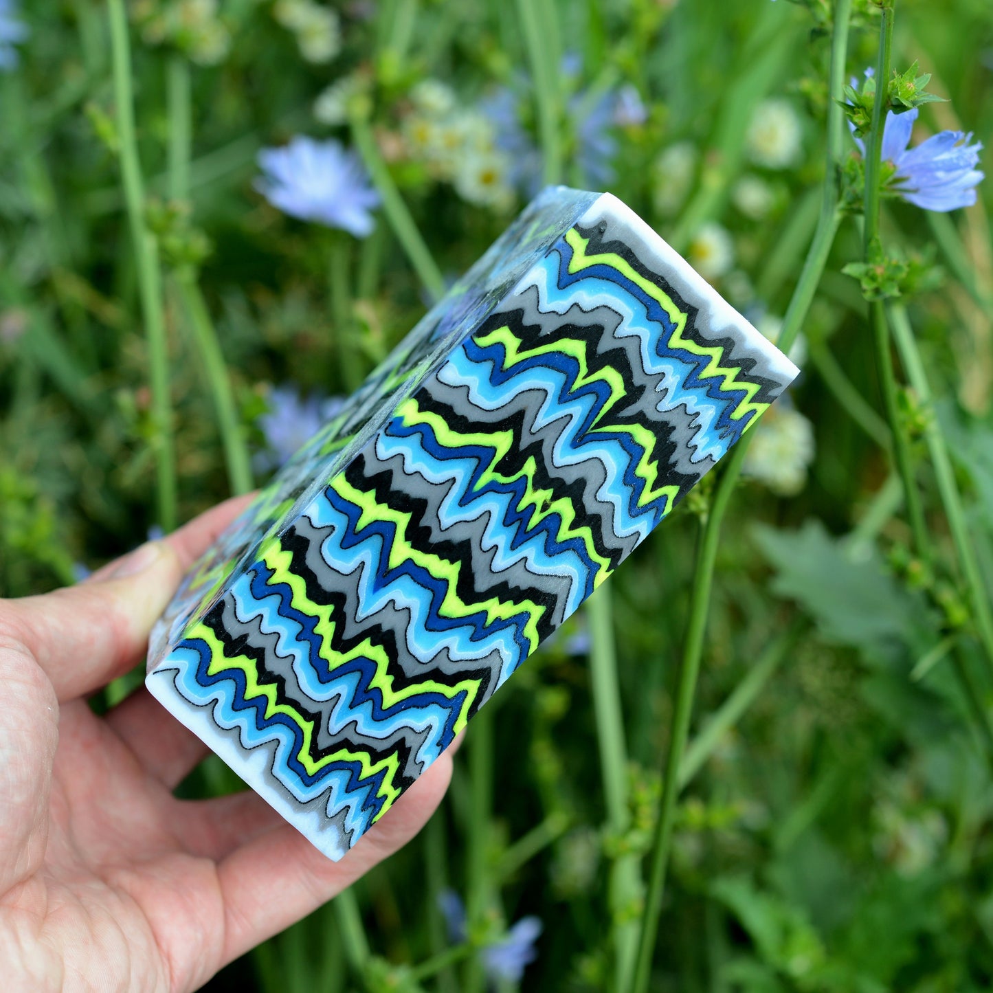 High-contrast micarta-style composite block for knife making in blue and lime colors #10