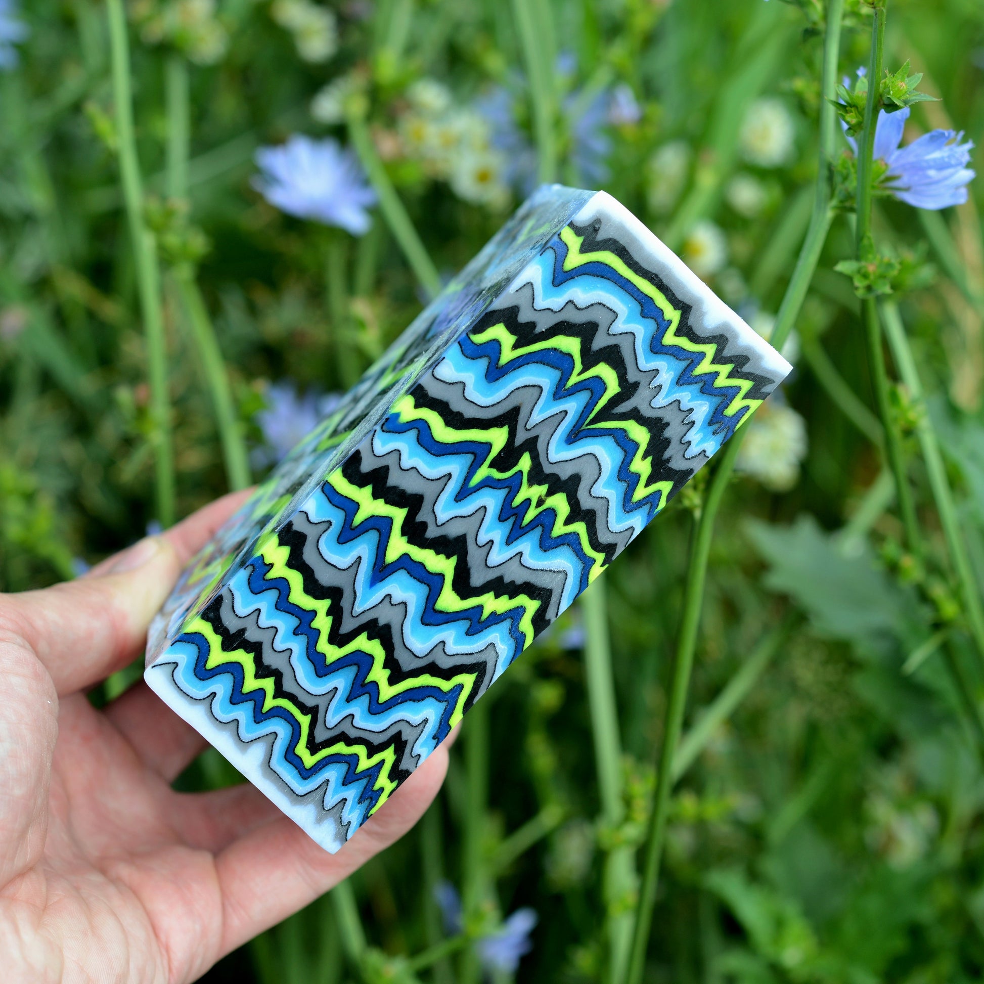 High-contrast micarta-style composite block for knife making in blue and lime colors #10