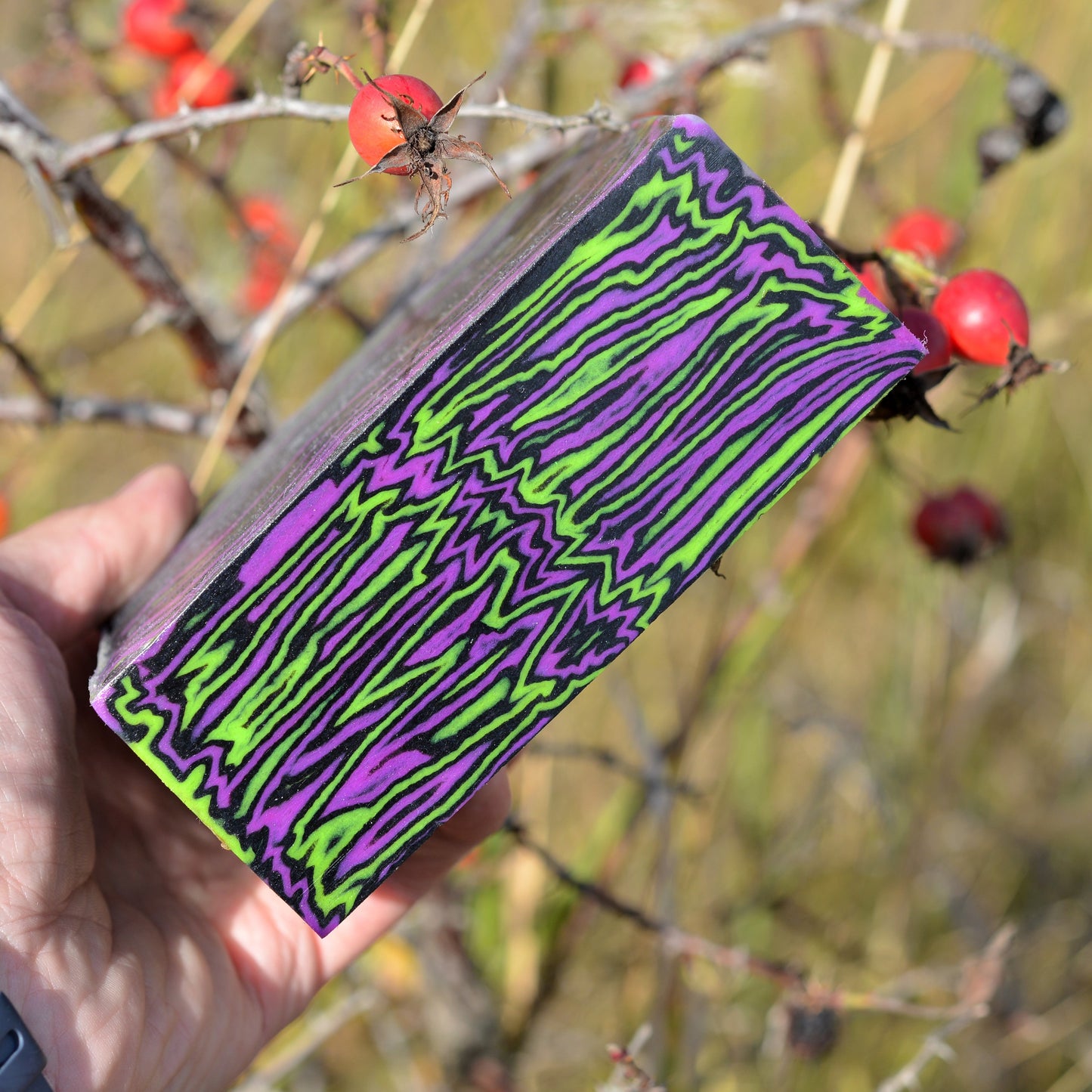 High-contrast micarta-style knife handle composite block in purple and green #11