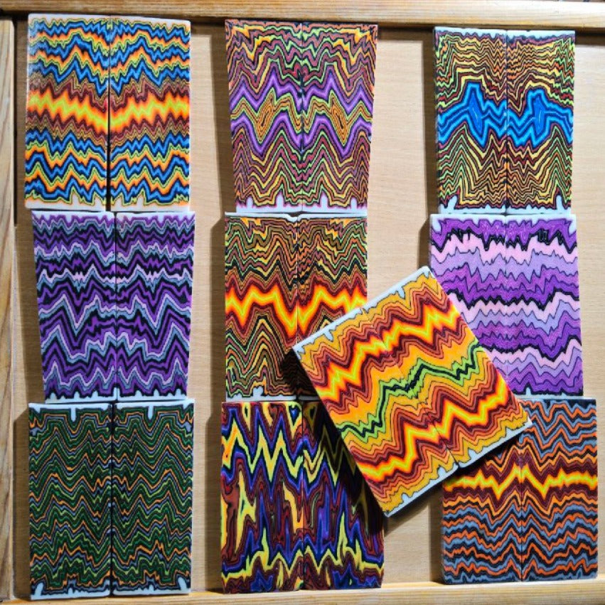 Handmade layered composite knife scales sample set, 10 pairs, multicolor patterns