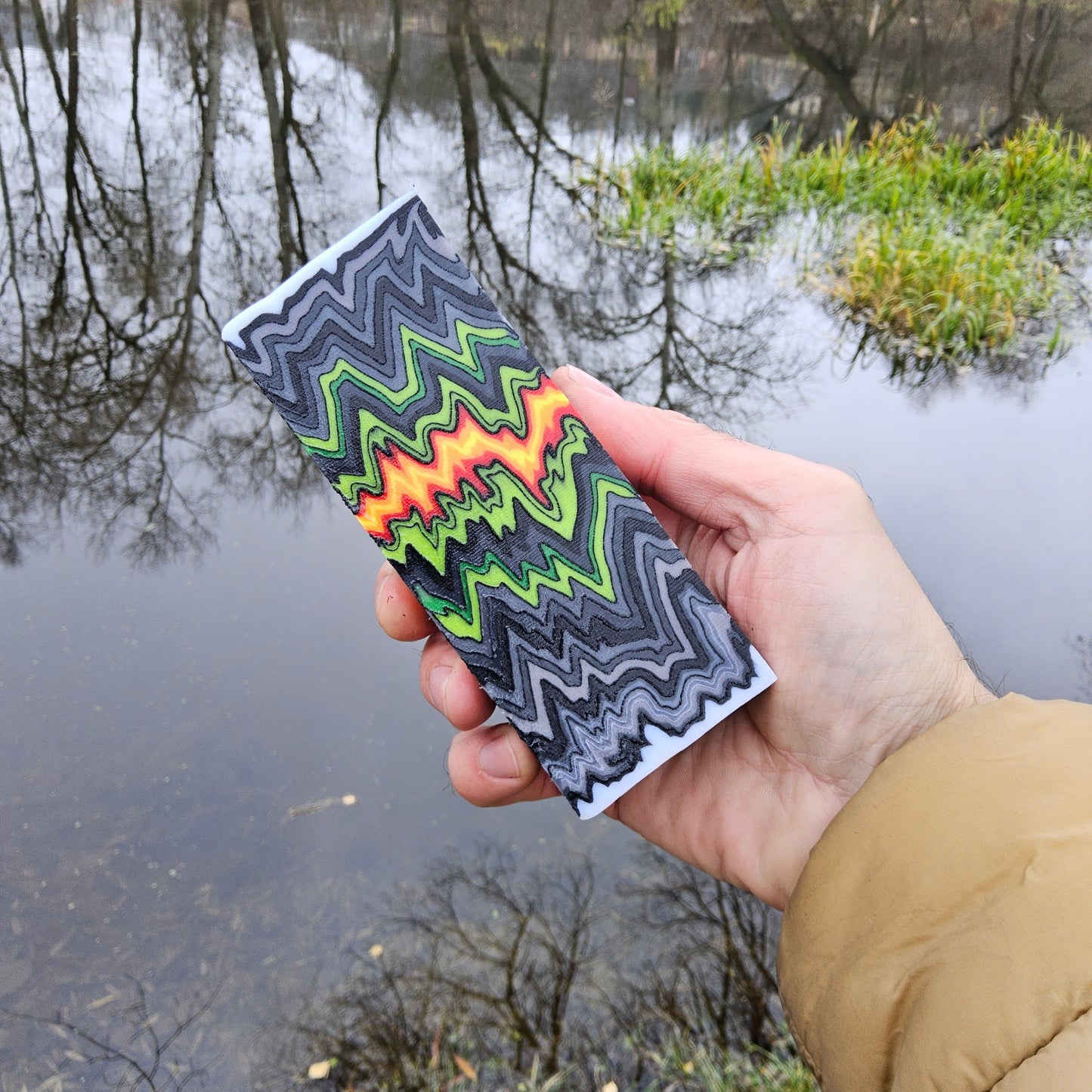 Gray and neon green layered composite block for knife handles #03