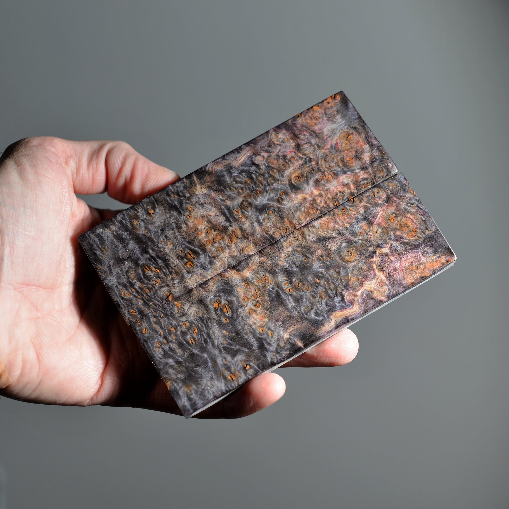 Premium stabilized burl wood handle scales — matched pair with detailed figure