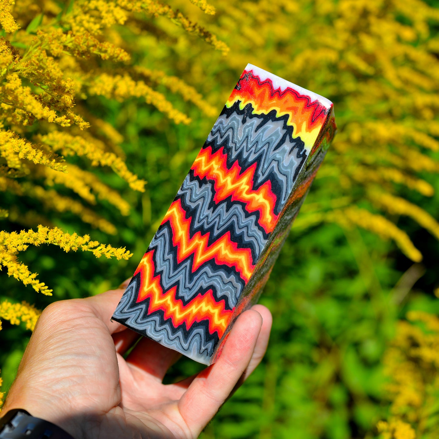 Handmade micarta-style composite block in red, yellow and gray colors for custom knife handle making #8