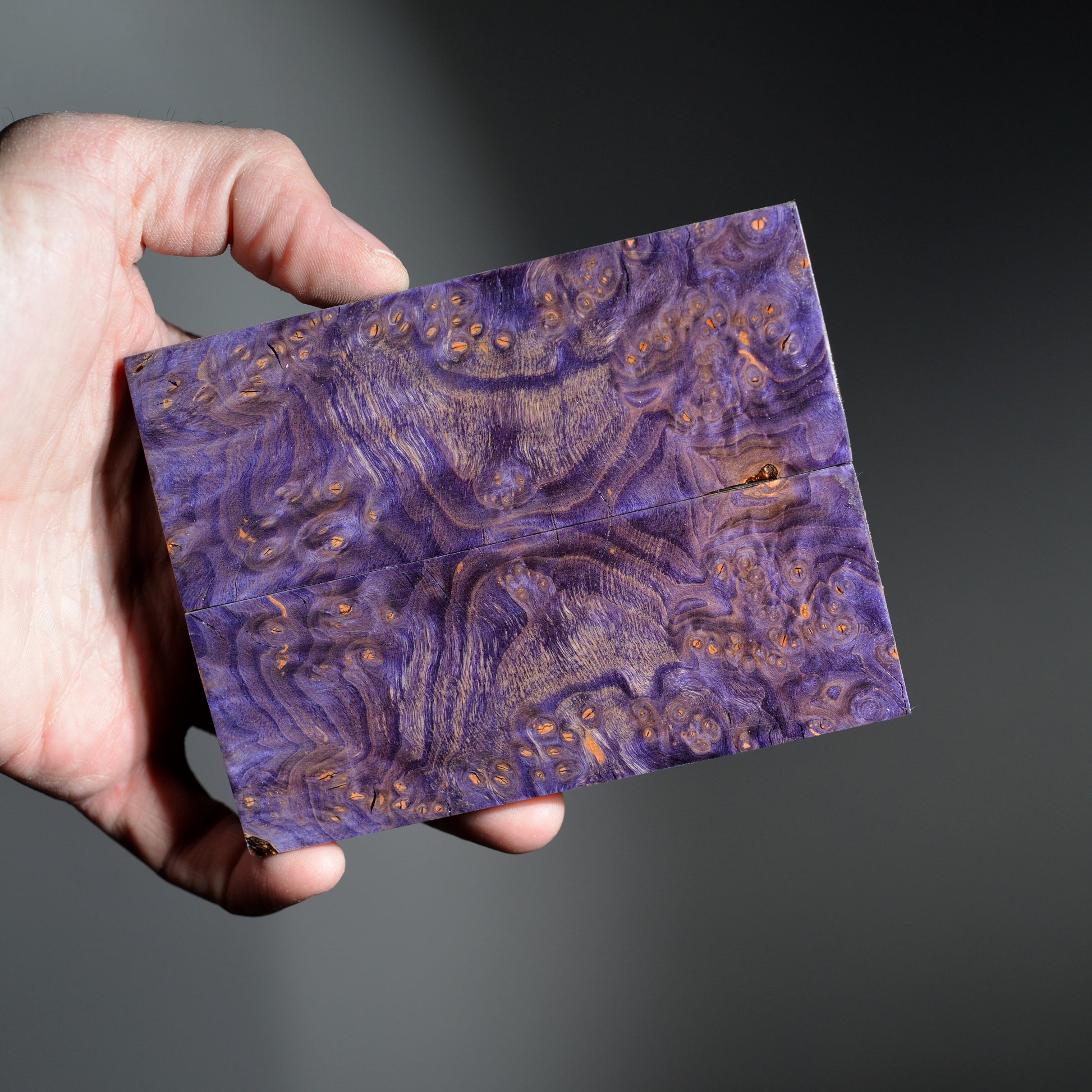 Stabilized alder burl scales in deep purple color, premium wood for knife makers