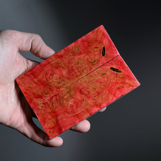 Pair of stabilized alder burl knife scales dyed deep red with rich burl figure