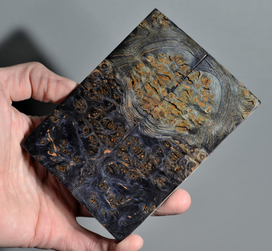 Stabilized dark burl knife handle scales with deep black and brown figured grain, premium handmade wood material
