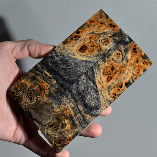 Stabilized poplar burl knife handle scales with rich brown and dark grain, handmade wood material
