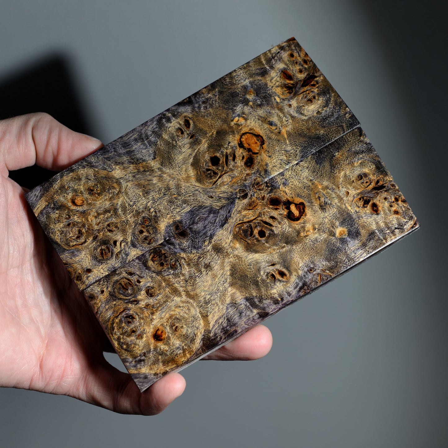 Stabilized poplar burl knife scales — matched pair with rich grain and burl eyes