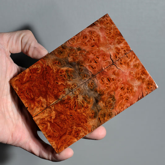 Stabilized red burl knife handle scales with rich figured grain and warm brown tones, handmade premium wood
